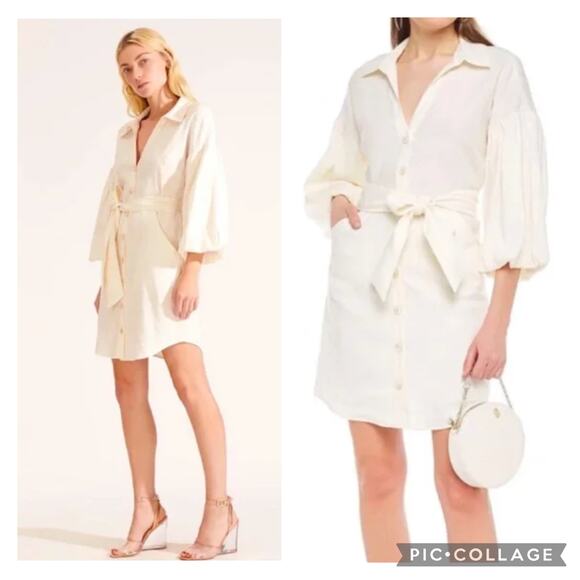 Veronica Beard Samy Linen Shirt Dress Long Puff Sleeves Cream Button Up sz 6 - Picture 1 of 8